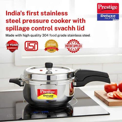  Prestige 5 Litre Stainless Steel Deluxe Alpha Svachh Outer Lid Deep Pressure Pan Cooker | 10Y Warranty | Deep Lid for Spillage Control | TRIPLY Base | GRS | Gas & Induction Compatible | ISI - Alternate View